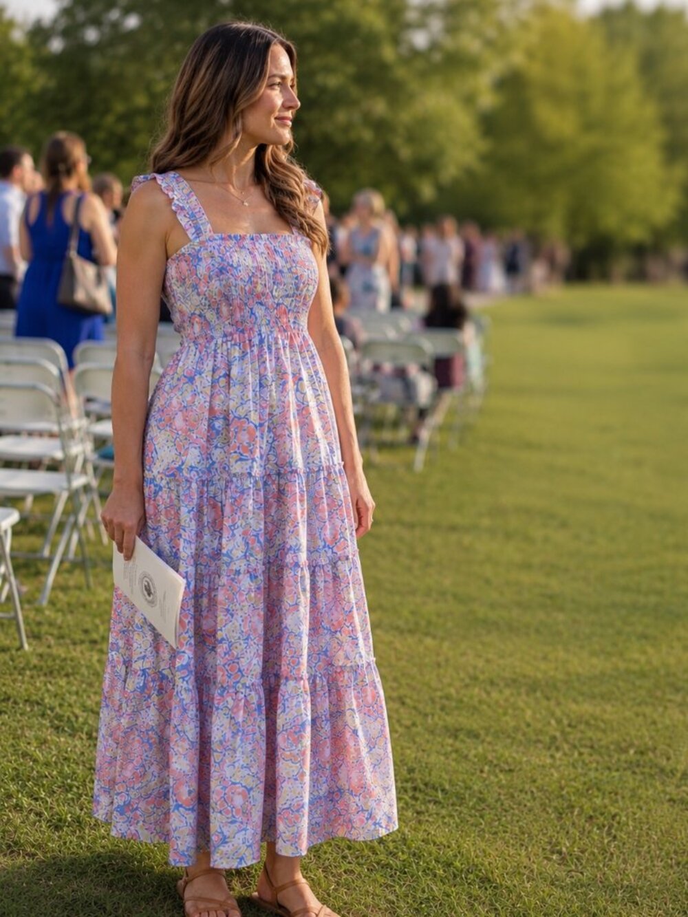 Melloday smocked floral midi dress blue pink breezy summer event comfort wear